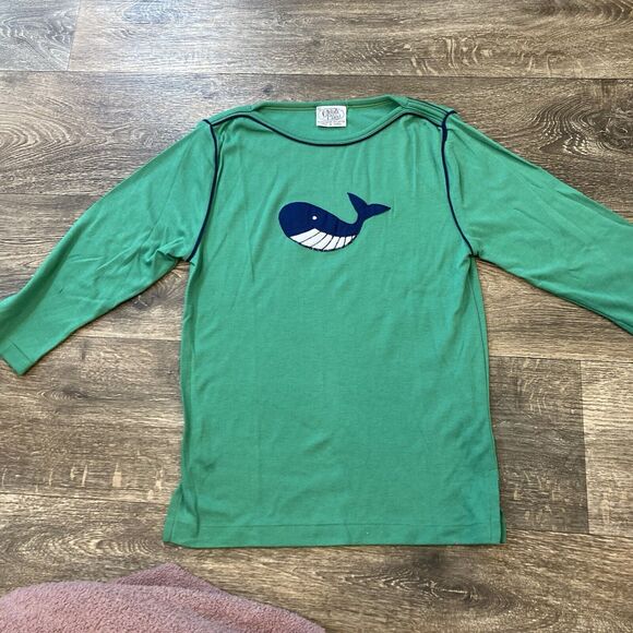 VTG 80's Chelsea Place Preppy Green Long Sleeve Top Embroidered Whale Contrast - Picture 1 of 6